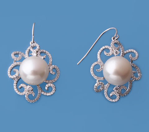 Sterling Silver Earrings with 11.5-12mm Button Shape Freshwater Pearl and Cubic Zirconia