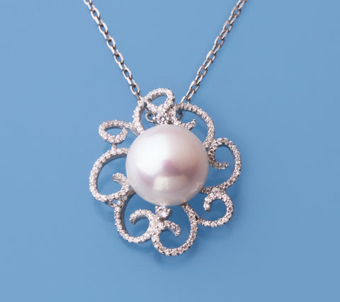 Sterling Silver Pendant with 12.5-13mm Button Shape Freshwater Pearl and Cubic Zirconia