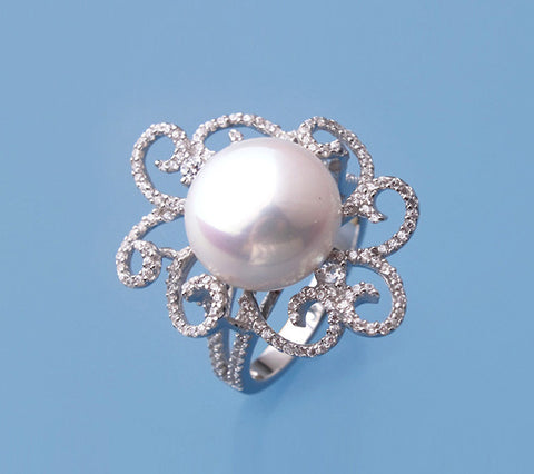 Sterling Silver Ring with 12.5-13mm Button Shape Freshwater Pearl and Cubic Zirconia