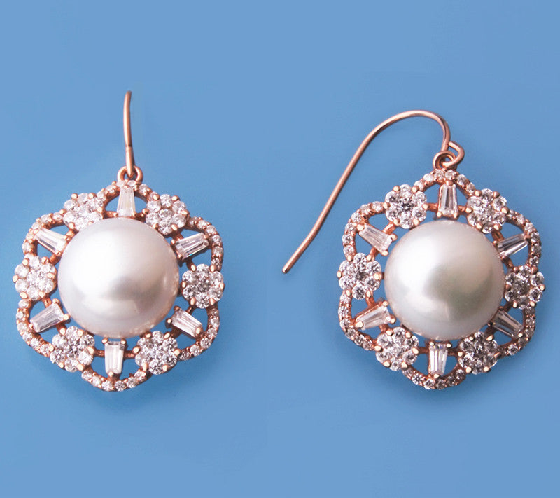 Rose Gold Plated Silver Earrings with 11-11.5mm Button Shape Freshwater Pearl and Cubic Zirconia - Wing Wo Hing Jewelry Group - Pearl Jewelry Manufacturer