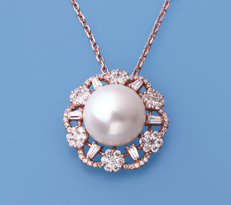 Rose Gold Plated Silver Pendant with 12.5-13mm Button Shape Freshwater Pearl and Cubic Zirconia - Wing Wo Hing Jewelry Group - Pearl Jewelry Manufacturer