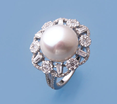 Sterling Silver Ring with 12.5-13mm Button Shape Freshwater Pearl and Cubic Zirconia