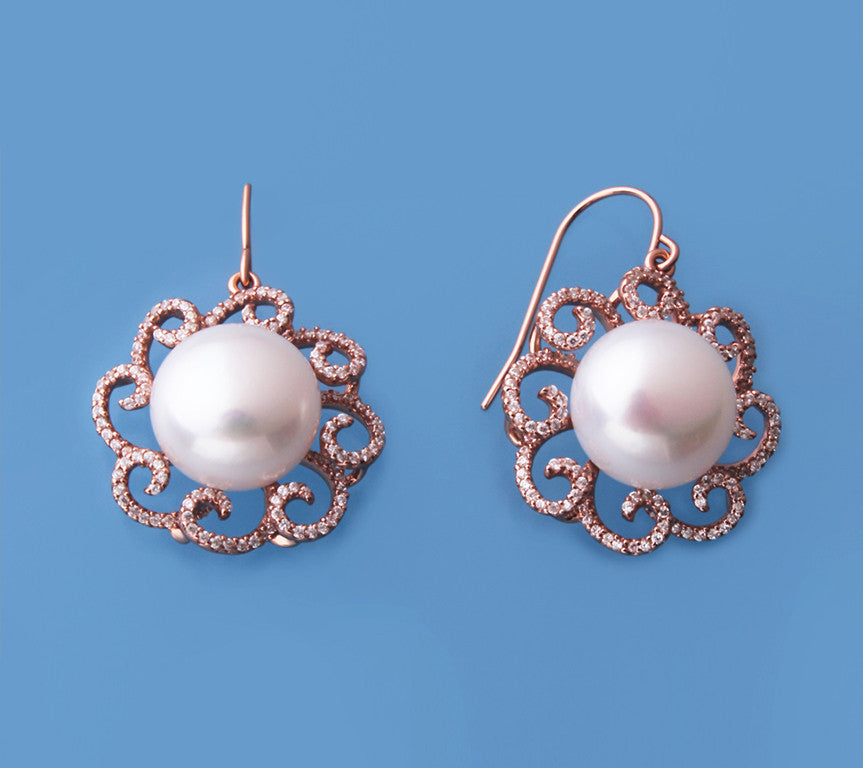 Rose Gold Plated Silver Earrings with 12.5-13mm Button Shape Freshwater Pearl and Cubic Zirconia - Wing Wo Hing Jewelry Group - Pearl Jewelry Manufacturer