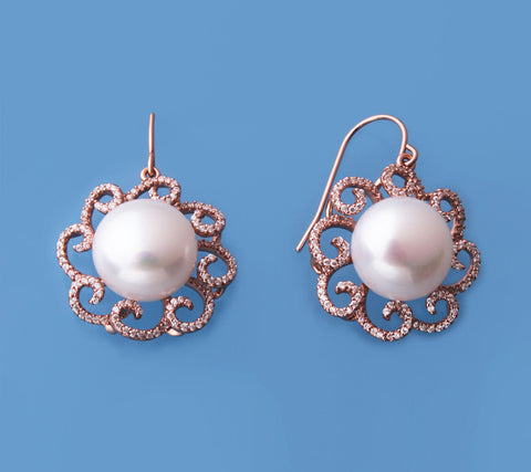 Rose Gold Plated Silver Earrings with 12.5-13mm Button Shape Freshwater Pearl and Cubic Zirconia