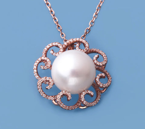Rose Gold Plated Silver Pendant with 13.5-14mm Button Shape Freshwater Pearl and Cubic Zirconia