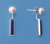 Sterling Silver Earrings with 7-7.5mm Button Shape Freshwater Pearl and Lapis Lazuli - Wing Wo Hing Jewelry Group - Pearl Jewelry Manufacturer