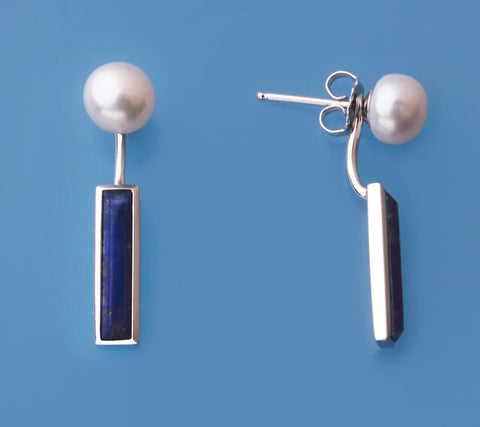 Sterling Silver Earrings with 7-7.5mm Button Shape Freshwater Pearl and Lapis Lazuli