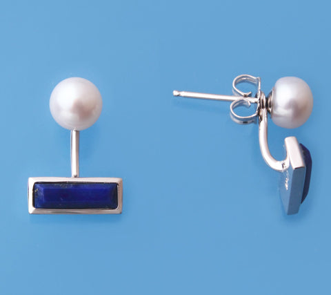 Sterling Silver Earrings with 6-6.5mm Button Shape Freshwater Pearl and Lapis Lazuli