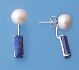 Sterling Silver Earrings with 9-9.5mm Button Shape Freshwater Pearl and Lapis Lazuli - Wing Wo Hing Jewelry Group - Pearl Jewelry Manufacturer