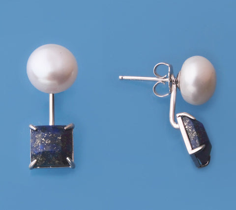 Sterling Silver Earrings with 9-9.5mm Button Shape Freshwater Pearl and Lapis Lazuli