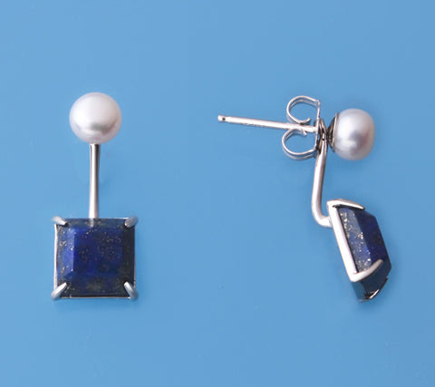 Sterling Silver Earrings with 5-5.5mm Button Shape Freshwater Pearl and Lapis Lazuli
