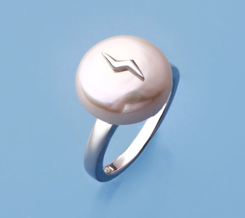 Sterling Silver Ring with 13-14mm Coin Shape Freshwater Pearl