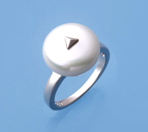 Sterling Silver Ring with 13-14mm Coin Shape Freshwater Pearl