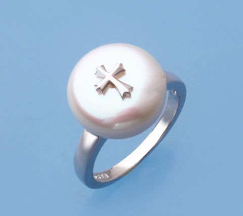 Sterling Silver Ring with 13-14mm Coin Shape Freshwater Pearl