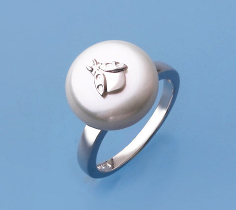 Sterling Silver Ring with 13-14mm Coin Shape Freshwater Pearl