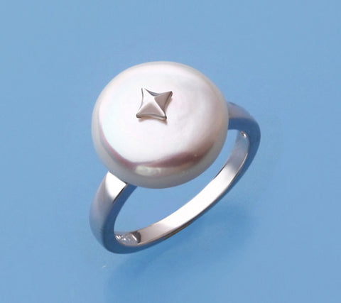 Sterling Silver Ring with 13-14mm Coin Shape Freshwater Pearl
