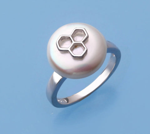 Sterling Silver Ring with 13-14mm Coin Shape Freshwater Pearl