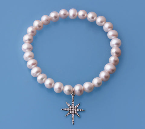 Sterling Silver Bracelet with 7-7.5mm Potato Shape Freshwater Pearl and Cubic Zirconia