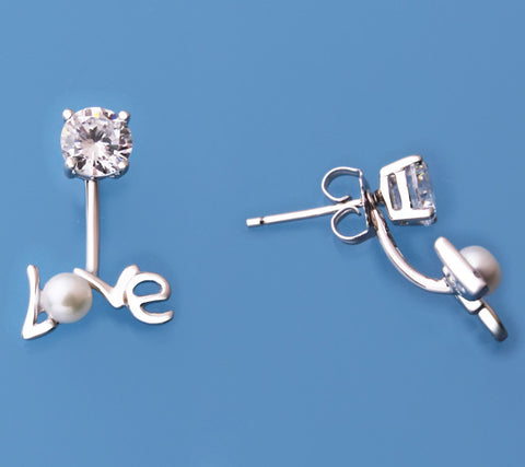 Sterling Silver Earrings with 4-4.5mm Button Shape Freshwater Pearl and Cubic Zirconia