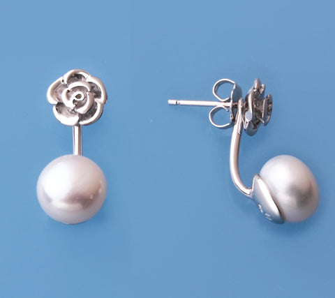 Sterling Silver Earrings with 8.5-9mm Button Shape Freshwater Pearl