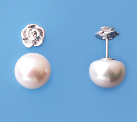 Sterling Silver Earrings with 11-11.5mm Button Shape Freshwater Pearl