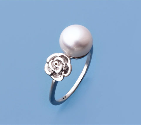 Sterling Silver Ring with 9-9.5mm Button Shape Freshwater Pearl