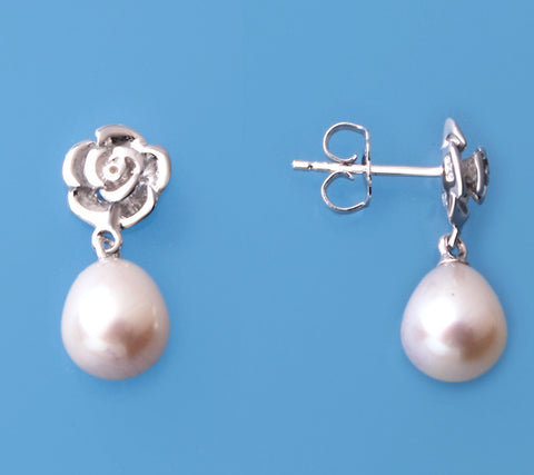 Sterling Silver Earrings with 7.5-8mm Drop Shape Freshwater Pearl