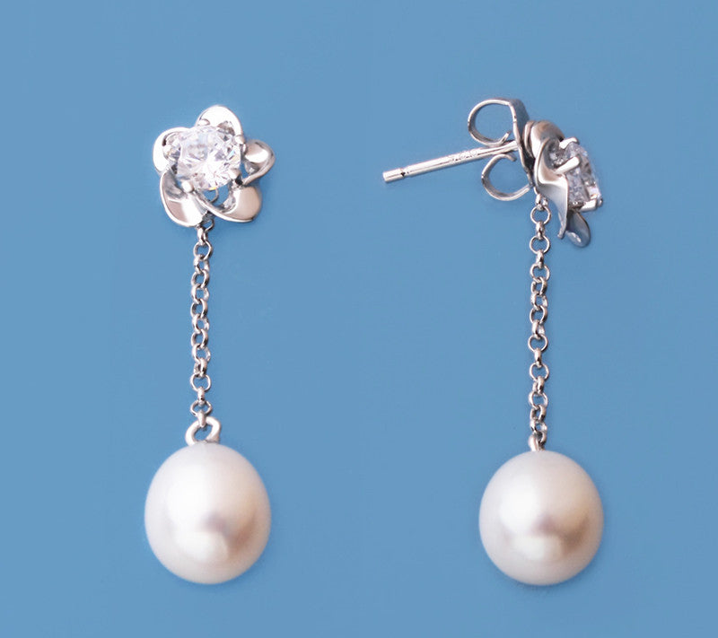 Sterling Silver Earrings with 7.5-8mm Drop Shape Freshwater Pearl and Cubic Zirconia - Wing Wo Hing Jewelry Group - Pearl Jewelry Manufacturer