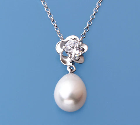 Sterling Silver Pendant with 8-8.5mm Drop Shape Freshwater Pearl and Cubic Zirconia