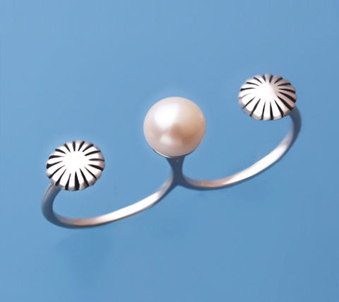 White and Black Plated Silver Ring with 8-8.5mm Button Shape Freshwater Pearl