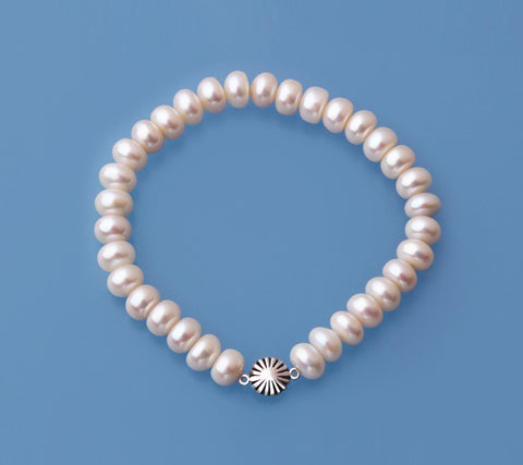 White and Black Plated Silver Bracelet with 7-8mm Button Shape Freshwater Pearl