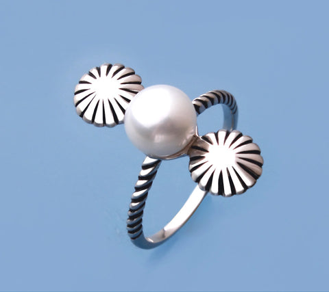 White and Black Plated Silver Ring with 7.5-8mm Button Shape Freshwater Pearl