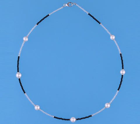 Sterling Silver Necklace with 6.5-7mm Potato Shape Freshwater Pearl and Agate
