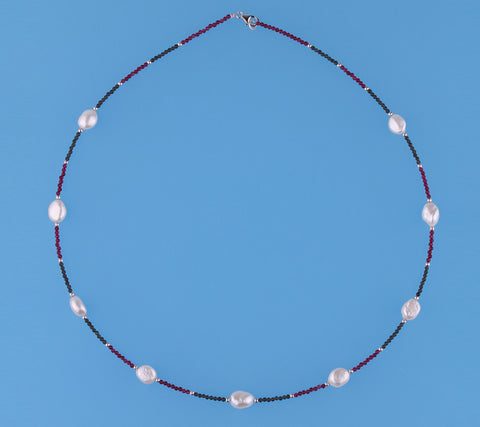 Sterling Silver Necklace with 9-9.5mm Oval Shape Freshwater and Agate