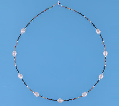 Sterling Silver Necklace with 9-9.5mm Oval Shape Freshwater Pearl and Agate