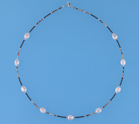 Sterling Silver Necklace with 9-9.5mm Oval Shape Freshwater Pearl and Agate