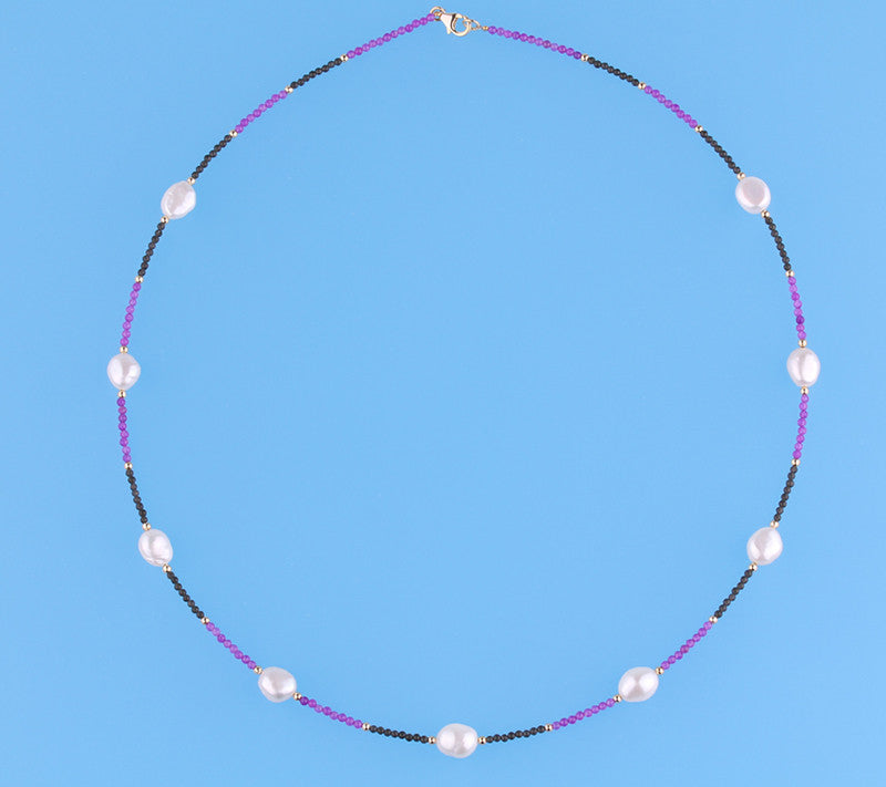 Sterling Silver Necklace with 9-9.5mm Oval Shape Freshwater Pearl and Agate - Wing Wo Hing Jewelry Group - Pearl Jewelry Manufacturer