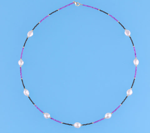 Sterling Silver Necklace with 9-9.5mm Oval Shape Freshwater Pearl and Agate