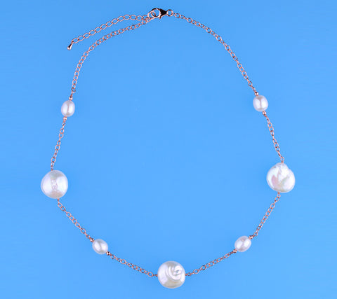 Rose Gold Plated Silver Necklace with Oval and Coin Shape Freshwater Pearl