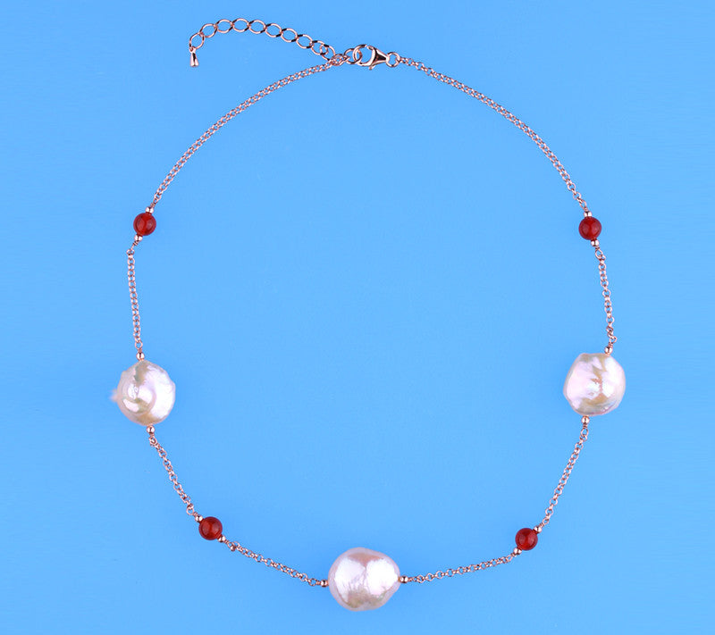 Rose Gold Plated Silver Necklace with 14-16.5mm Coin Shape Freshwater Pearl and Red Agate - Wing Wo Hing Jewelry Group - Pearl Jewelry Manufacturer