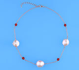 Rose Gold Plated Silver Necklace with 14-16.5mm Coin Shape Freshwater Pearl and Red Agate - Wing Wo Hing Jewelry Group - Pearl Jewelry Manufacturer