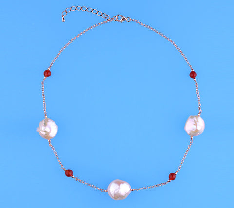 Rose Gold Plated Silver Necklace with 14-16.5mm Coin Shape Freshwater Pearl and Red Agate