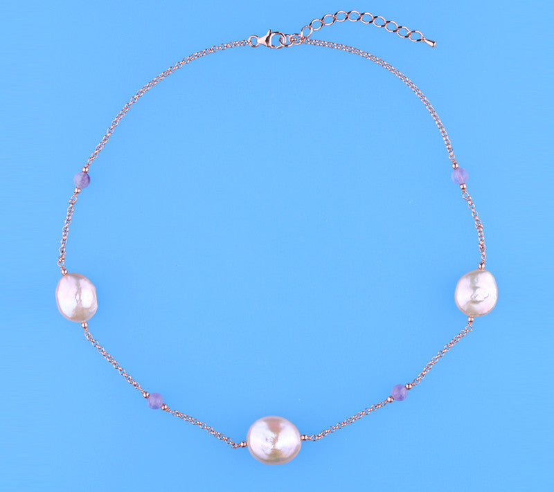 Rose Gold Plated Silver Necklace with 14-16.5mm Coin Shape Freshwater Pearl and Amethyst - Wing Wo Hing Jewelry Group - Pearl Jewelry Manufacturer