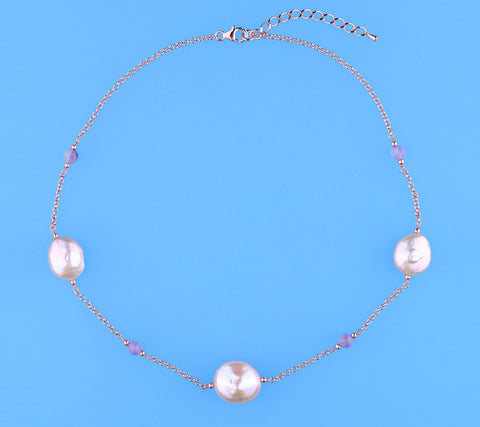 Rose Gold Plated Silver Necklace with 14-16.5mm Coin Shape Freshwater Pearl and Amethyst