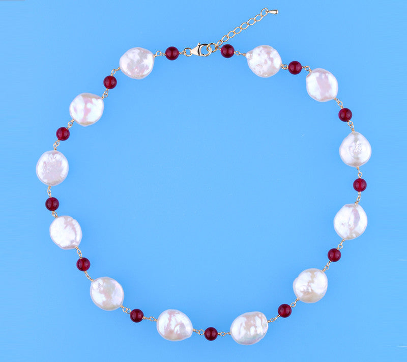 Rose Gold Plated Silver Necklace with 14-15mm Coin Shape Freshwater Pearl and Garnet - Wing Wo Hing Jewelry Group - Pearl Jewelry Manufacturer