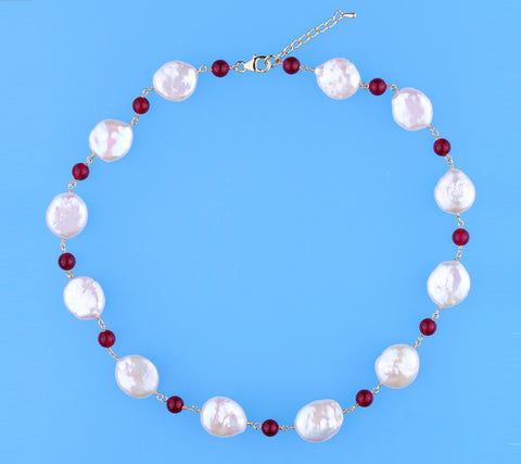 Rose Gold Plated Silver Necklace with 14-15mm Coin Shape Freshwater Pearl and Garnet