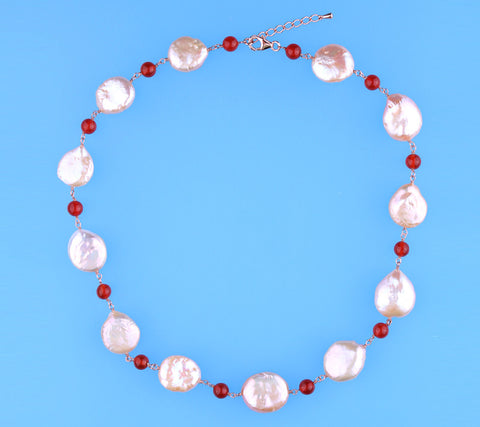 Rose Gold Plated Silver Necklace with 14-16.5mm Coin Shape Freshwater Pearl and Red Agate