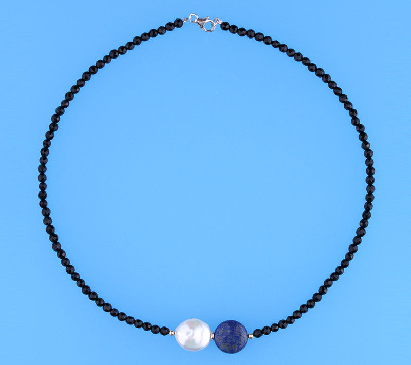 Sterling Silver Necklace with 15-16mm Coin Shape Freshwater Pearl, Lapis Lazuli and Black Agate - Wing Wo Hing Jewelry Group - Pearl Jewelry Manufacturer