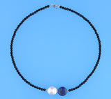 Sterling Silver Necklace with 15-16mm Coin Shape Freshwater Pearl, Lapis Lazuli and Black Agate - Wing Wo Hing Jewelry Group - Pearl Jewelry Manufacturer