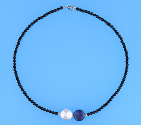 Sterling Silver Necklace with 15-16mm Coin Shape Freshwater Pearl, Lapis Lazuli and Black Agate